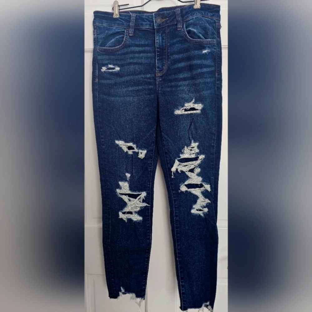 American Eagle Outfitters Blue Skinny Jeans with Distressed Details